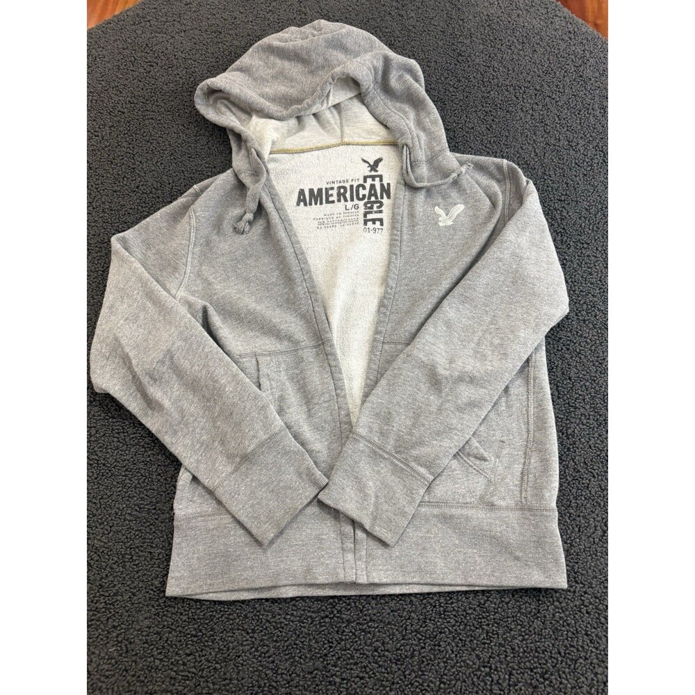 American Eagle Hoodie Mens Large Gray Eagle Graphic Full Zip Vintage Fit Y2K